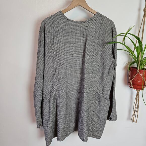 Flax Linen Button Front Top Shirt L Black White Crosshatch Check Long‎ Sleeve - Picture 7 of 7